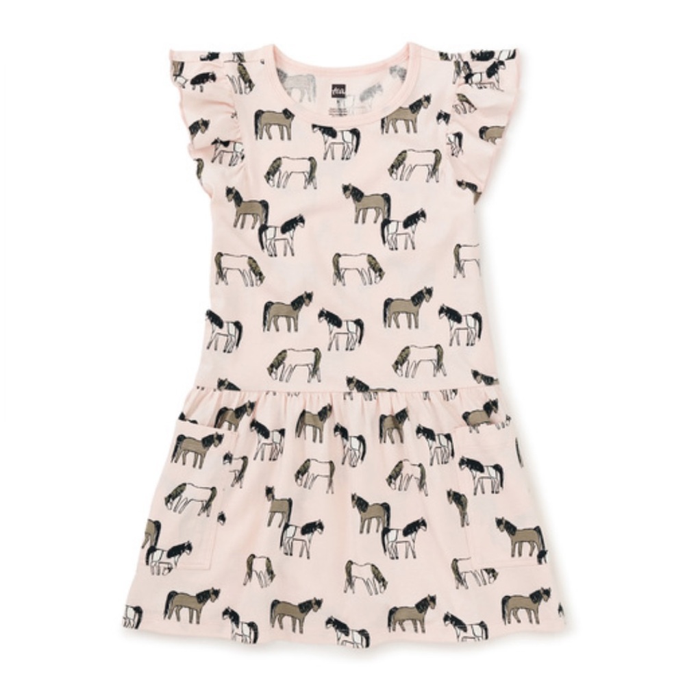 Flutter Sleeve Pocket Dress with Horse Print